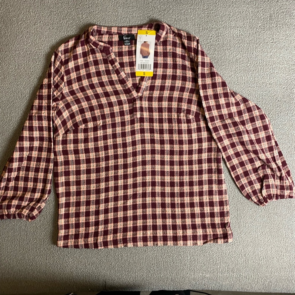 Felina Women’s Lightweight Boho Burgandy Plaid V-Neck Flowy Long Sleeve Blouse